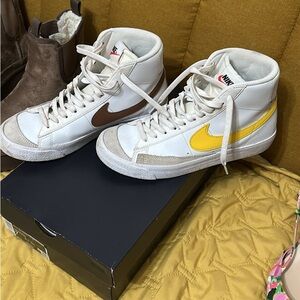 Nike Blazers White High-Tops with Yellow and Brown Accents